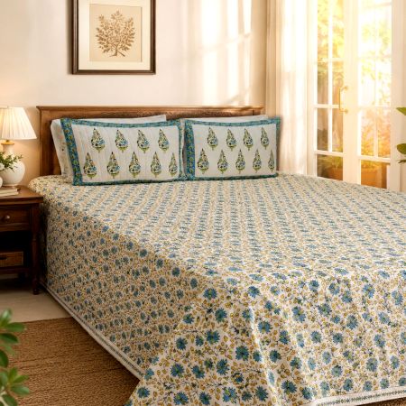 Handmade Blue Paisley Mulmul Cotton Quilted Double Bedcover